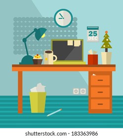 Work place of web designer on holiday . Vector illustration of office room interior. 