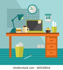 Work place of web designer with unhealthy food for breakfast . Vector illustration of office room interior.