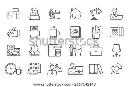 Work place web icons in line style. Online meeting, office chair, table, remote work, homework, pen, collection. Vector illustration.