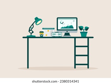Web de trabajo. Reunión en línea, silla de oficina, mesa, trabajo a distancia, tarea, colección. Ilustración vectorial.