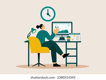 Work place web. Online meeting, office chair, table, remote work, homework, collection. Vector illustration.