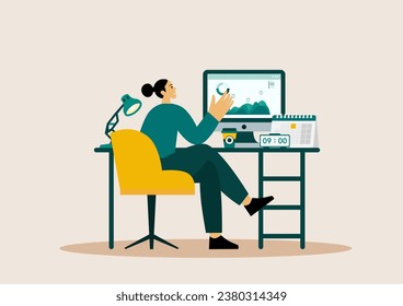 Work place web. Online meeting, office chair, table, remote work, homework, collection. Vector illustration.