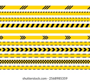 Work places caution bands. Warning yellow black tapes. Barrier tapes for danger zones. Danger ribbons. Set of seamless striped boundary lines under hazard construction. Vector illustration