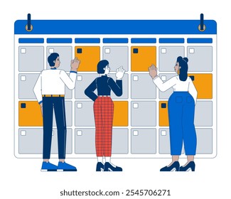 Work plan 2D illustration concept. Scheduling corporate events. Multiethnic business team checking dates in calendar cartoon characters isolated on white. Metaphor abstract flat vector graphic