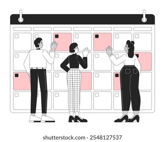 Work plan black and white 2D illustration concept. Scheduling corporate events. Multiethnic business team checking dates in calendar outline characters isolated. Metaphor monochrome vector art