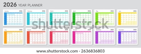 Work planner with 2026 year calendar. Blank schedule grid for daily and monthly agenda. Planner template for 2026 year with rainbow colors. Calender for notes, vector illustration