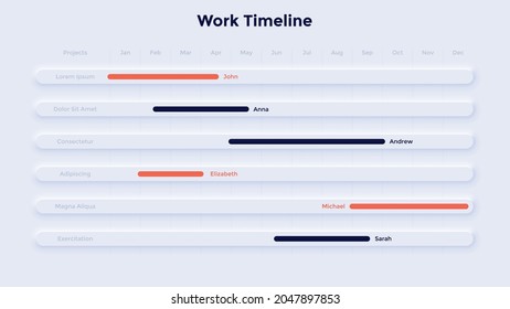 Work Planner With Calendar And Horizontal Timelines. Concept Of Timetable Or Schedule For Business Project Planning, Task Tracking. Neumorphic Infographic Design Template. Modern Vector Illustration.