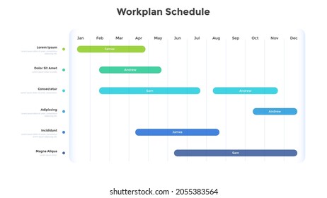 Work planner or task tracker with calendar and horizontal timelines. Concept of business schedule, timetable for project planning. Flat simple infographic design template. Modern vector illustration.