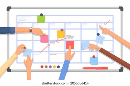 Work Planning Board. Arm With Marker, Business Project Collaboration Plan. Time Management, Office Schedule And Task Whiteboard Decent Vector Concept