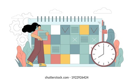 Work planning concept. Reminder. The woman makes entries in the calendar. Vector flat illustration