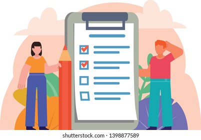 Work planning, to do list, daily routine management concept. Man and woman stand near big document. Poster for social media, web page, banner, presentation. Flat design vector illustration