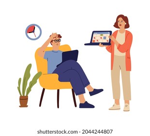 Work planning. Geek man, time manager with schedule on laptop screen. Boy forgotten about job deadline. Cartoon isolated family vector character