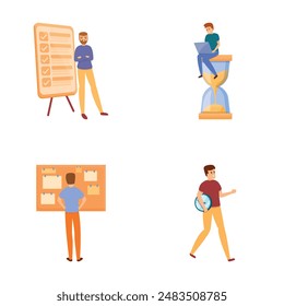 Work planning icons set cartoon vector. Group of people with clock and board. Time management