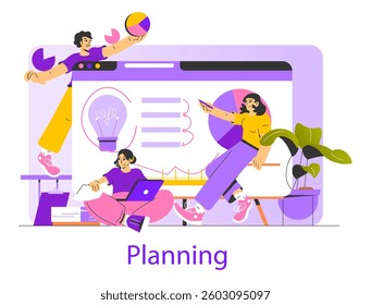 Work planning illustration featuring collaborative brainstorming. Individuals engage in creative activities, using data visualization and strategic tools to enhance productivity and ideas. Vector