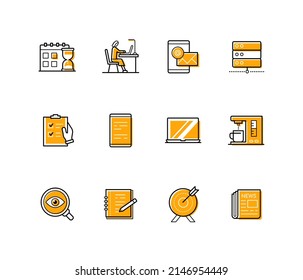 Trabajo y planificación - iconos de diseño de línea modernos con trazo editable. Trabajador independiente o de oficina. Escritorio, portátil, correo, Internet, cafetera, gadgets, noticias, configuración de objetivos idea