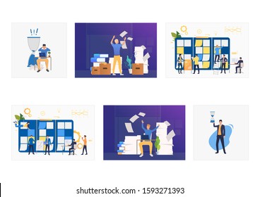 Work planning set. Employees working at night, throwing papers, sticking notes on planning board. Flat vector illustrations. Time management concept for banner, website design or landing web page