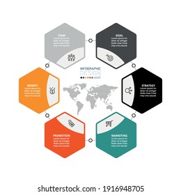 Work planning through hexagonal diagram format can be used for business organizations or to describe different parts of work. vector infographic.
