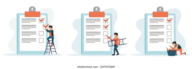 Work planning and time management concept with people. People check off completed items on to do list. Cartoon characters making notes. Vector illustration