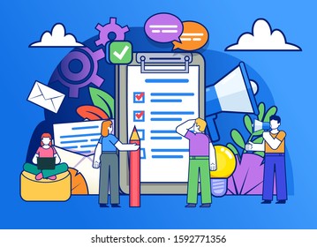 Work planning, time management. Group of people stand near big document, to do list, work planner. Poster for social media, web page, banner, presentation. Flat design vector illustration