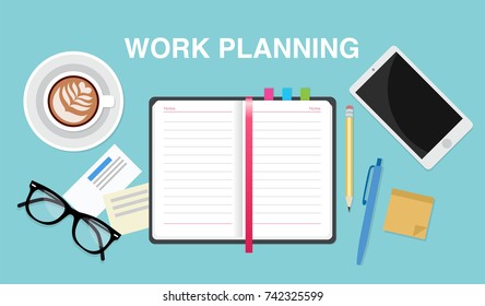 Work planning, top view of a desk with a notepad, coffee cup, smartphone, pencil. Vector illustration in flat style, template for business