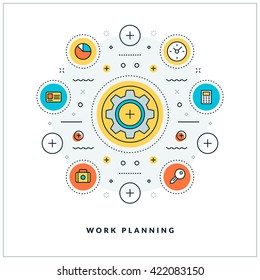 Work planning. Vector thin line business concept. Flat style illustration for website banner or promotional materials. Line icons and design elements