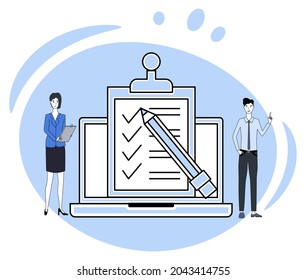 Planificación de trabajo.Busque tareas y calcule nuevos proyectos.Personas en el fondo de la lista de tareas.Ilustración vectorial plana.