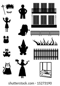 Work, Pleasure, fantasy - Vector silhouettes of party play and work related objects