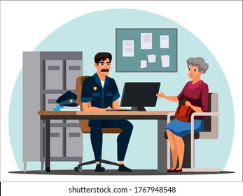 Work of police department. Elderly woman suffered from attack of criminal, sits in detective office, gives evidence. Police officer accepts attack statement on old lady. Vector character illustration