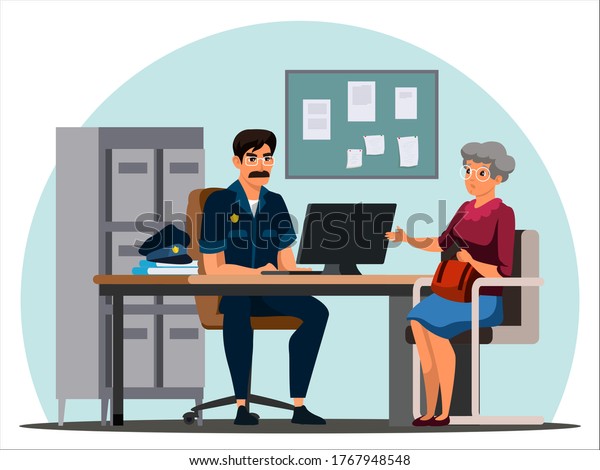 Work of police department. Elderly woman\
suffered from attack of criminal, sits in detective office, gives\
evidence. Police officer accepts attack statement on old lady.\
Vector character\
illustration