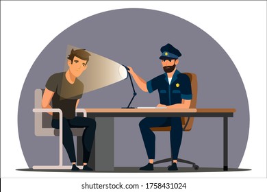 Work of police department. Police officer interrogates man suspected of crime, glowing light of lamp into face. Detained man in handcuffs testifies, gives evidence. Vector character illustration