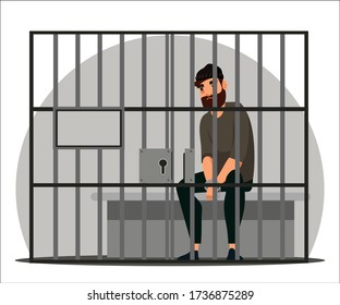 Work of police department scene. Sad arrested man in handcuffs sitting behind camera grid. Criminal offense, punishment of thief or attacker, legal imprisonment in prison. Vector character