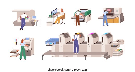 Work with polygraphy equipment in publishing industry, production. Digital, offset devices, machines set for print, color proof, cut, laminate. Flat vector illustrations isolated on white background svg