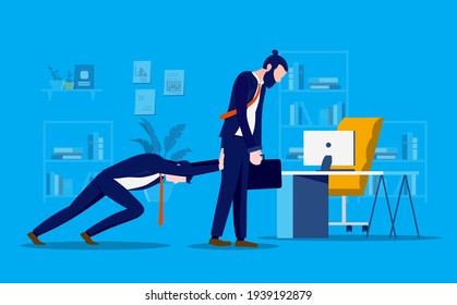 Work pressure - Businessman pushing man to his office desk. Forced to work concept. Vector illustration.