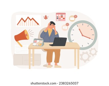 Ilustración vectorial de concepto aislado de presión de trabajo. Gestión del estrés, sobrecarga de trabajo, ansiedad crónica, salud física, tensión emocional, presión de fecha límite, concepto vectorial de bienestar de los empleados.