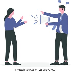 Work pressure at the office concept. Frustrated male manager yelling at female employee using megaphone

