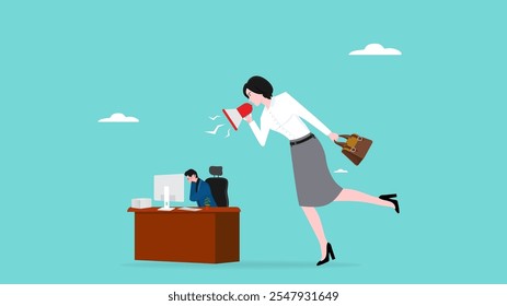 work pressure, was scolded by the boss because the target had not been achieved, stressed male employee with boss scolding him using megaphone