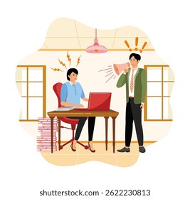Work pressure. Stressed girl sitting with laptop while listening to the boss speaking using a megaphone.