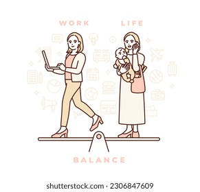 Work and private life. Image of synergy to enrich your life. Vector illustration.