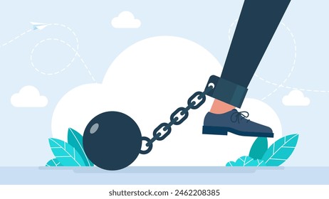 Work problem. Chain with ball attached to leg. The man's leg is chained. Businessman chained to his big heavy debt weight with shackles. Business man corporate slavery concept. Vector illustration