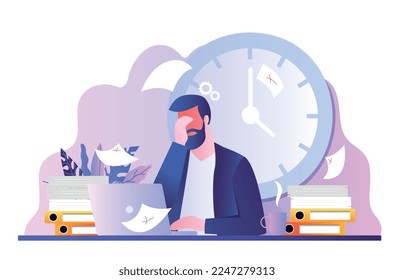 Work problem concept. Man covers his head with his hand against background of clock. Poor time management and inefficient workflow. Pressure, panic and stress. Cartoon flat vector illustration