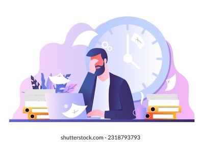 Work problem concept. Man covers his head with his hand against background of clock. Poor time management and inefficient workflow. Pressure, panic and stress. Cartoon flat vector illustration