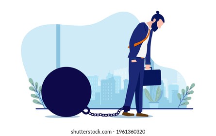 Work problem - Sad business person being held back by chain with ball attached to leg. Career challenge and mischief concept. Vector illustration on white background.