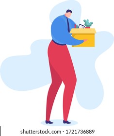 Work problem vector illustration. Cartoon flat sad manager character leaving office with box of things, employee dismissed by boss for bad job, professional career fail concept isolated on white