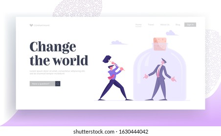 Work Problems, Social Isolation Website Landing Page. Businessman Trying to Help Colleague Sitting inside of Closed Jar Hitting Glass with Huge Hammer Web Page Banner. Cartoon Flat Vector Illustration