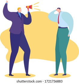 Work problems vector illustration. Cartoon flat angry boss character shouting in loudspeaker megaphone at sad man employee for bad job, professional business task fail concept isolated on white