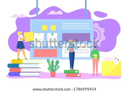 Work proccess, business technology concept vector illustration, working place. Success in job office, workers with books and timetable, corporate professional project. Multitask app.