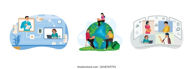 Work process with boss and employees in front of the computer. International company or global business. Manager leads online remote video conference call with employees. Set flat vector illustration.
