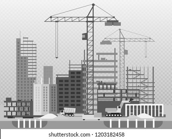 Work process of buildings construction and machinery isolated on transparent background. Building development and machine car illustration vector