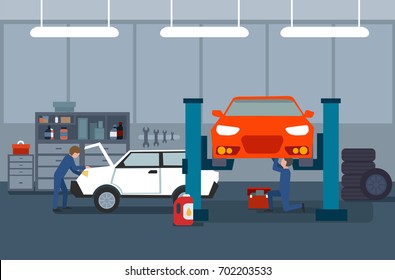 Work process in car and tire services. Automobile repair and mechanics vector illustration