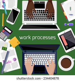 Work process concept with top view of office desk with laptop, smartphone, stationery and personal accessories of businessman. Two man work on laptop